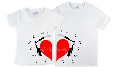 Прикольные футболки: парные - сердце в наушниках